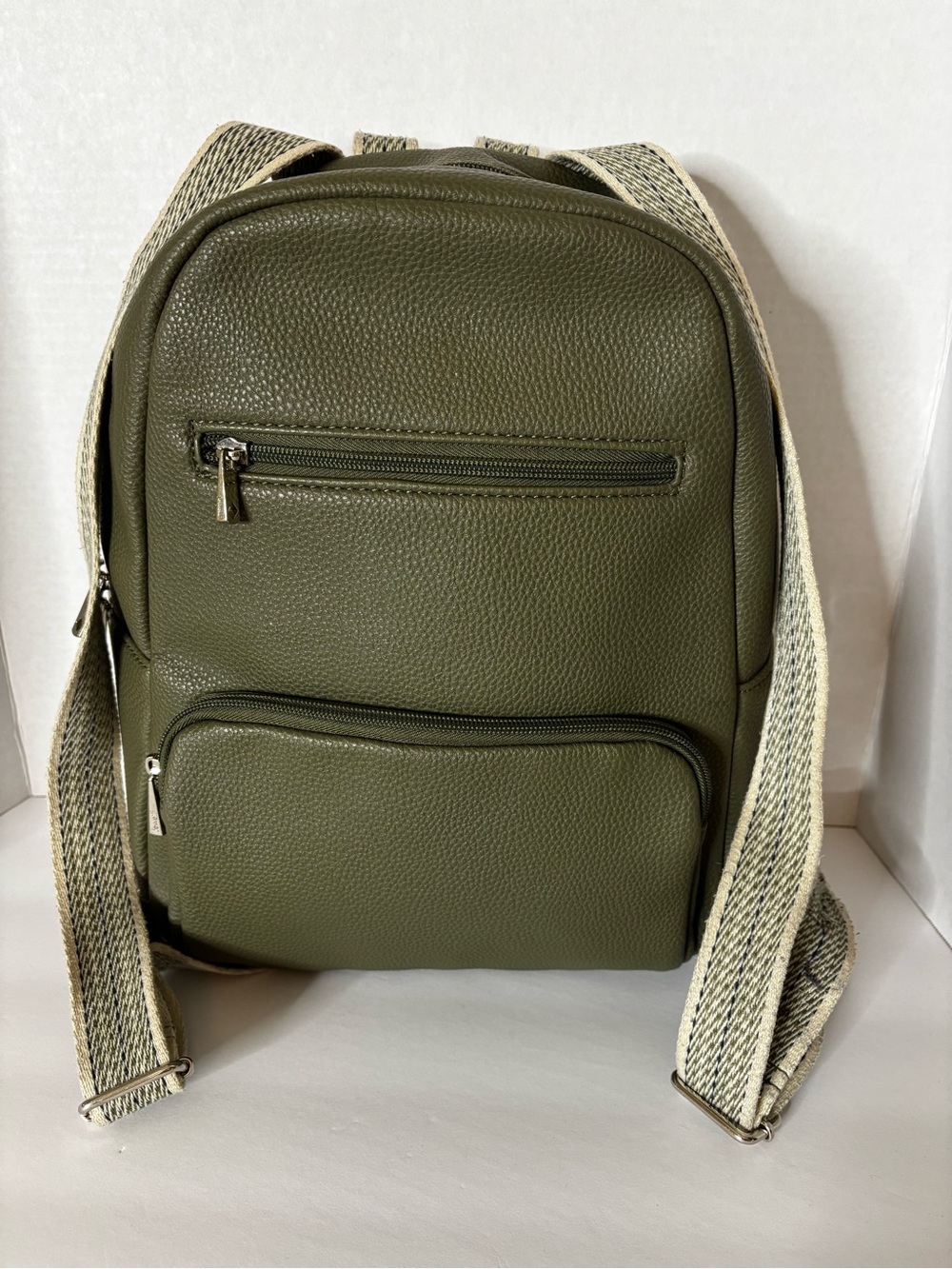 Olive Green Textured Everyday Backpack with Contrast Woven Straps